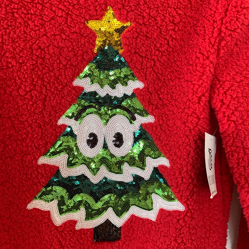 Miss Chievous Christmas Sequin Sherpa Sweater Red - Picture 5 of 8